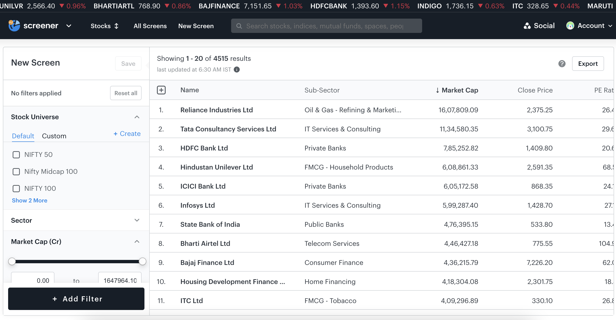 Tickertape Stock Screener